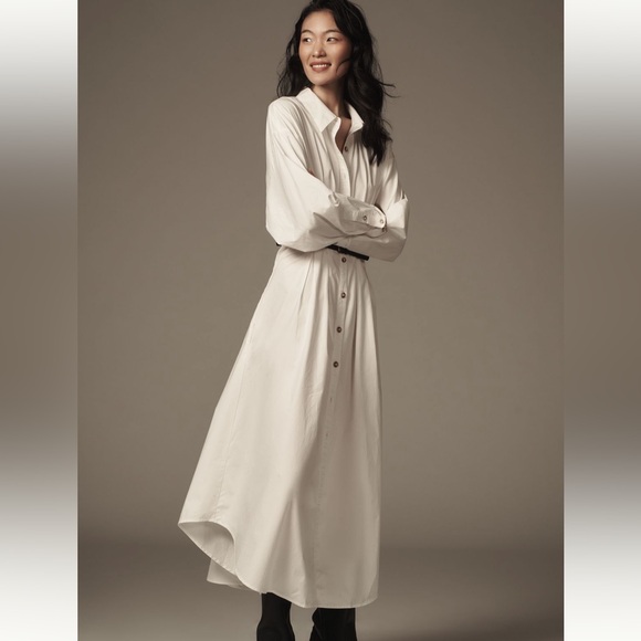 NWT By Anthropologie Pleated Buckle Midi Shirt Dress in Blue - Picture 6 of 9